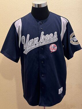 True Fan New York Yankees MLB Jersey Mens M Blue Button Front 2009 Patch